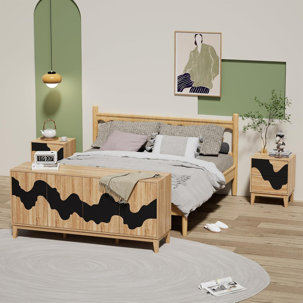 UEV 9-Drawer Dresser & 2 Nightstands Set - 3 Piece Modern Bedroom Furniture Set, 63' Wide Wooden Chest of Drawers with Flowing Water Pattern,2-Drawer Night Stands for Bedroom (Natural/Black