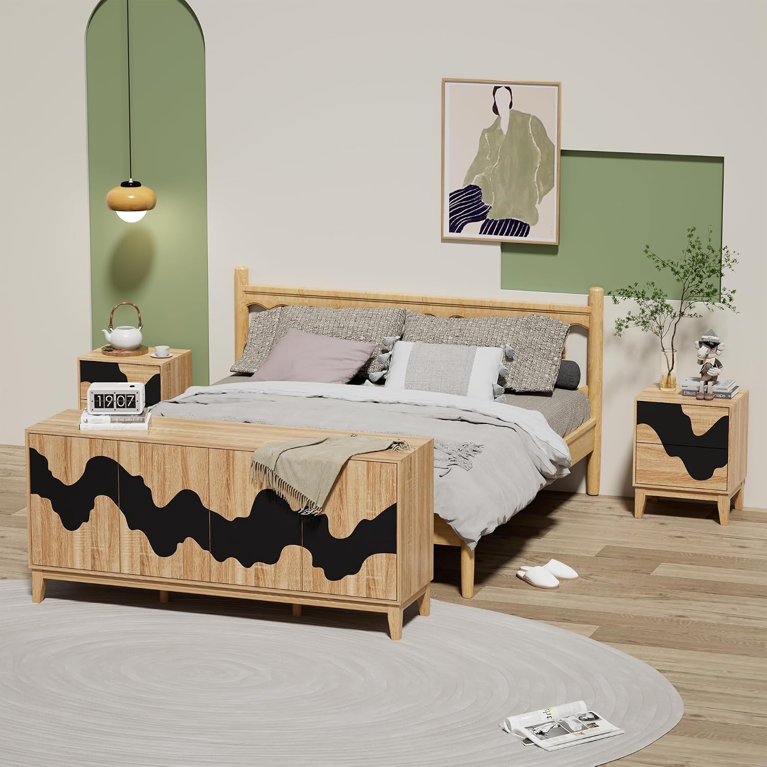 UEV 9-Drawer Dresser & 2 Nightstands Set - 3 Piece Modern Bedroom Furniture Set, 63' Wide Wooden Chest of Drawers with Flowing Water Pattern,2-Drawer Night Stands for Bedroom (Natural/Black