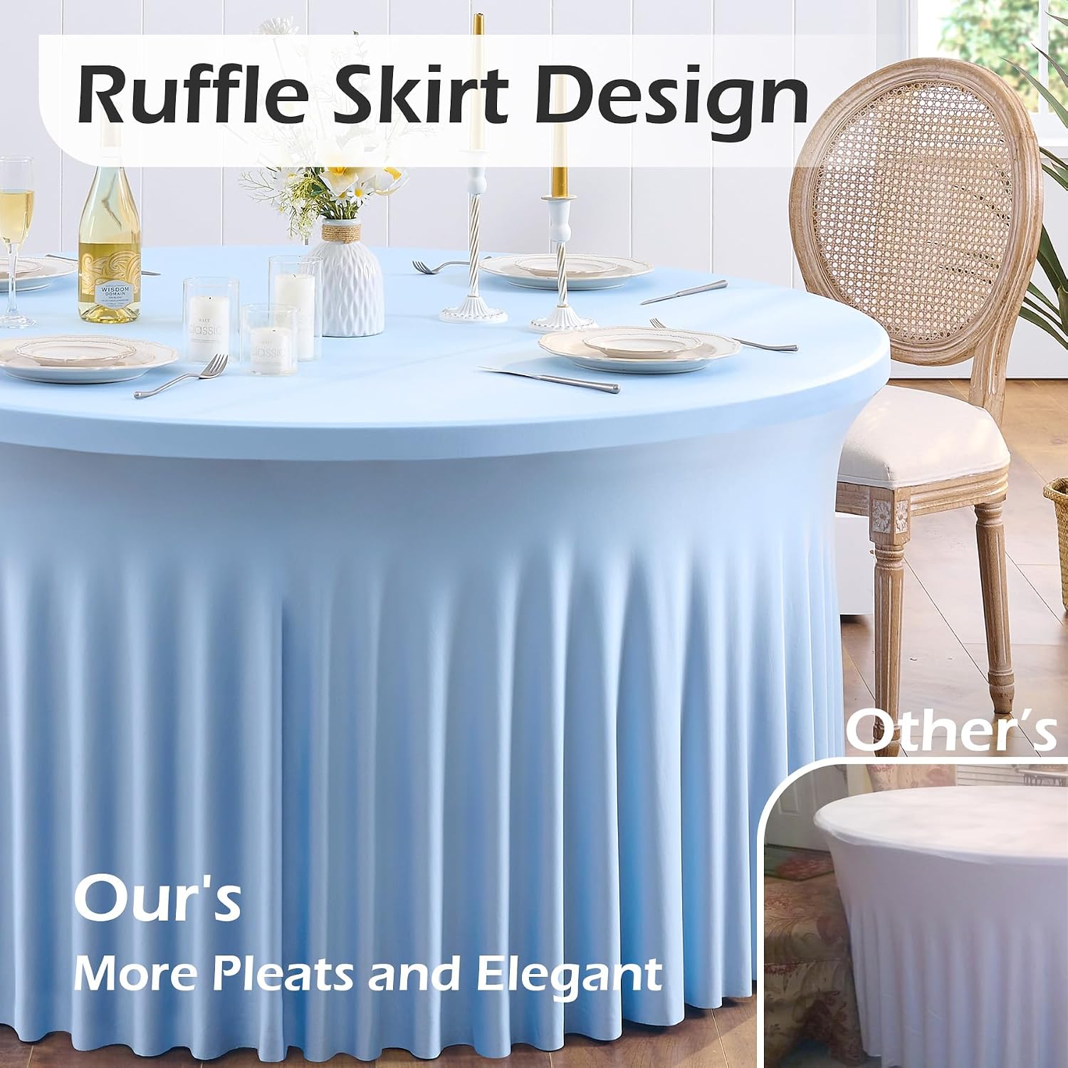 6 pk Blue Round Spandex Tablecloths 60 in with Ruffled Skirt,Wrinkle Free High-Stretch 120 inch Table Cloth Round Fitted 5ft Tables Baby Blue Spandex Table Covers 5ft for Party Wedding Banquet