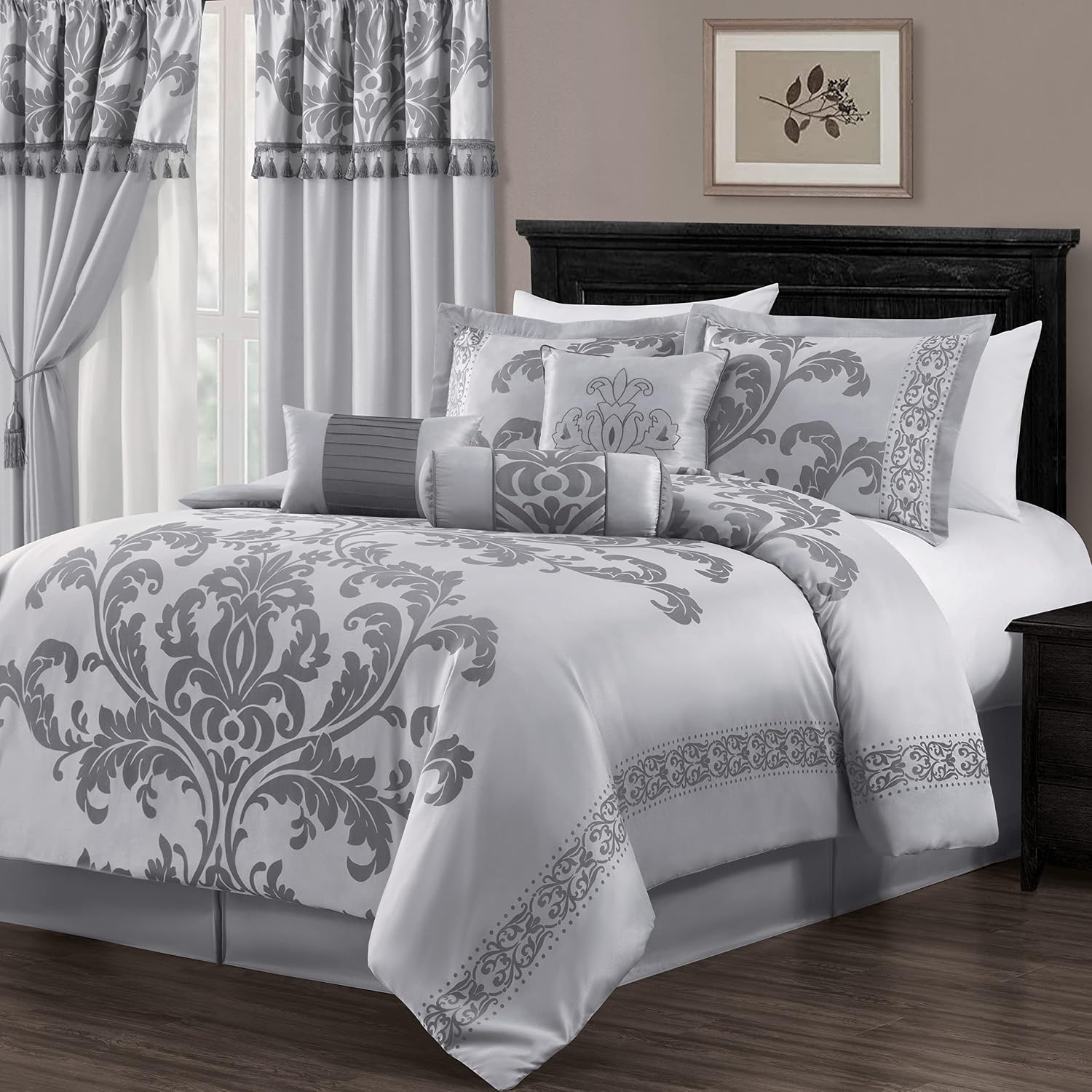 Chezmoi Collection Royale 7-Piece Jacquard Floral Comforter Set, Oversized King, Silver/Gray