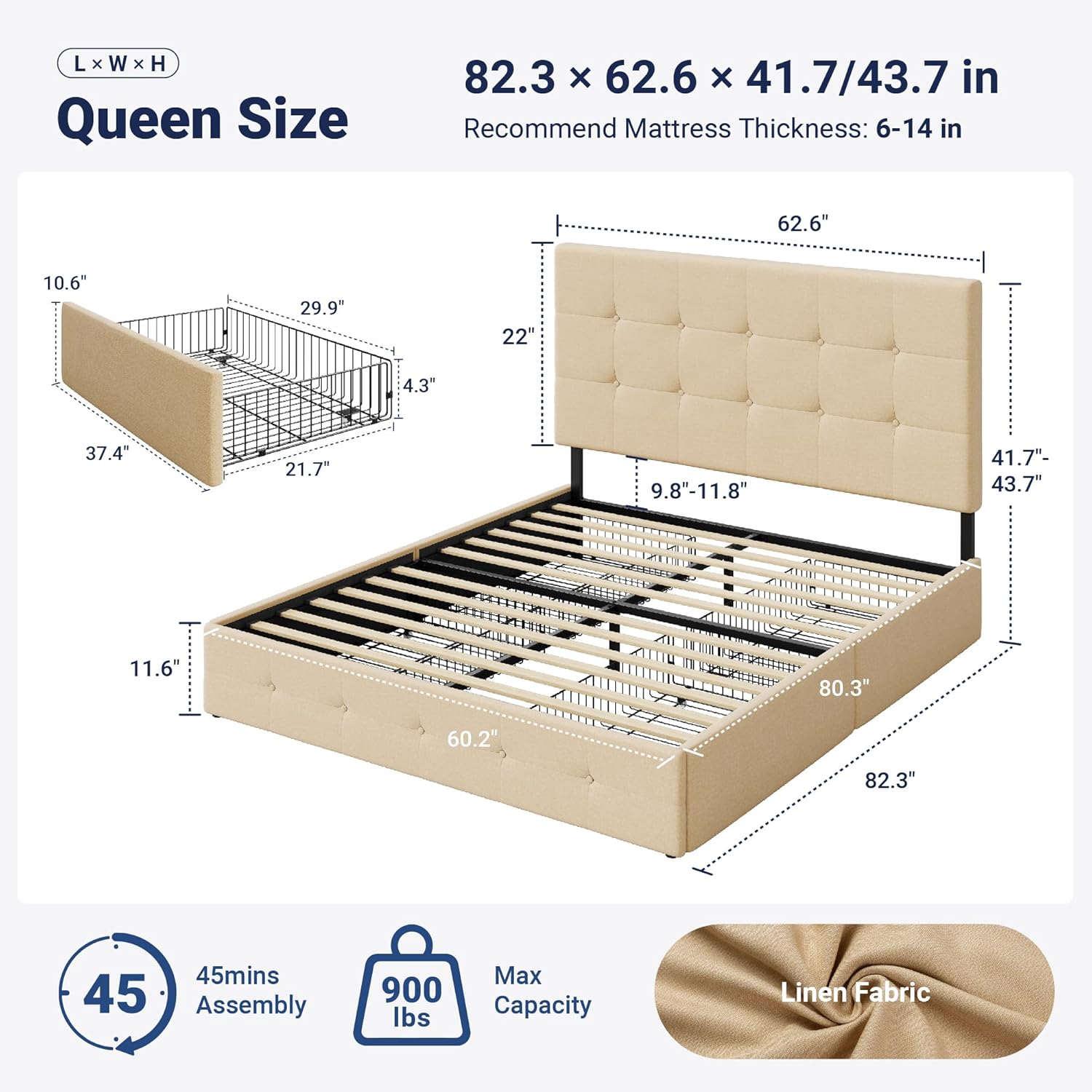 Allewie Upholstered Queen Size Platform Bed Frame with 4 Storage Drawers and Headboard, Square Stitched Button Tufted, Mattress Foundation with Wooden Slats Support, No Box Spring Needed, Beige