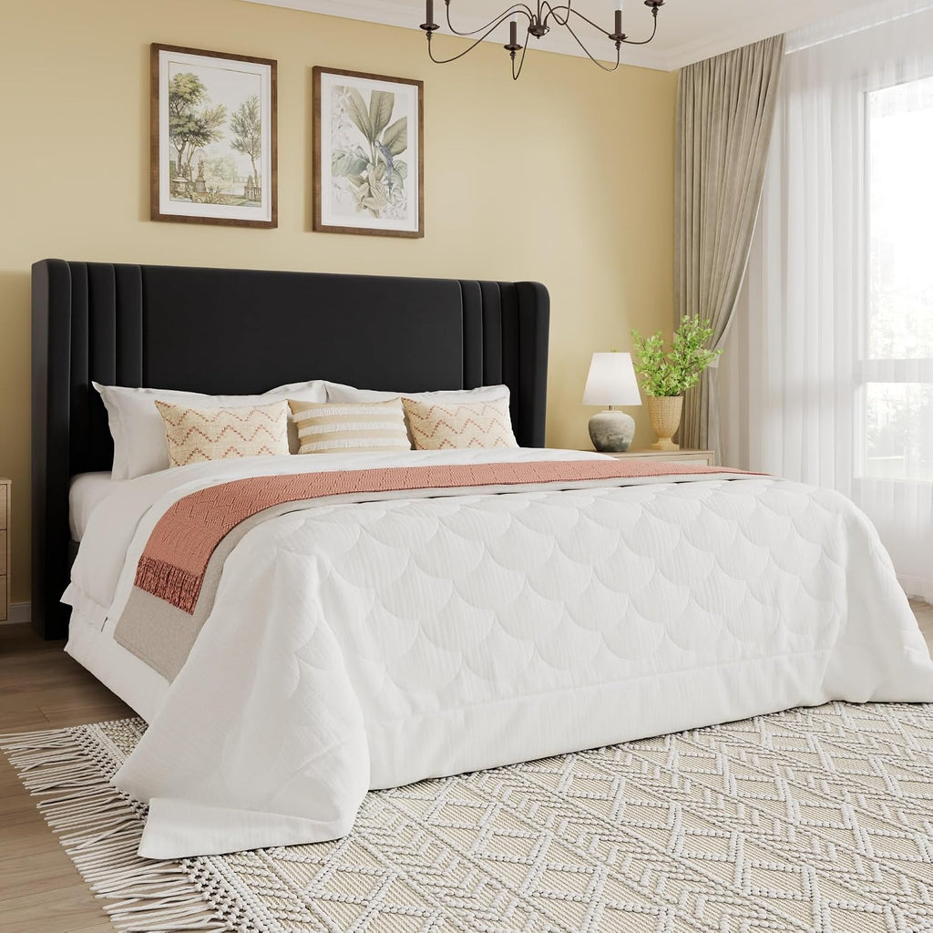 SHA CERLIN Queen Size Velvet Upholstered Platform Bed Frame with Vertical Channel Tufted Wingback Headboard, Wooden Slats Support, Easy Assembly, Under Bed Storage, No Box Spring Required, Black