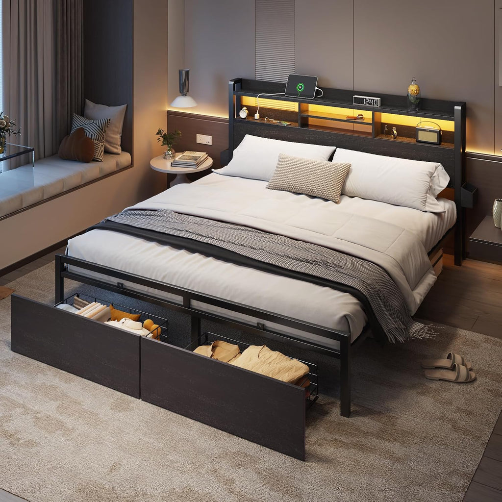 Furnulem King Bed Frame with Wood Headboard & Storage Drawers, Metal Platform Bed Frames King Size with LED Lights, Built in Charging Station, No Box Spring Needed, No Noise, Easy Assembly, Black