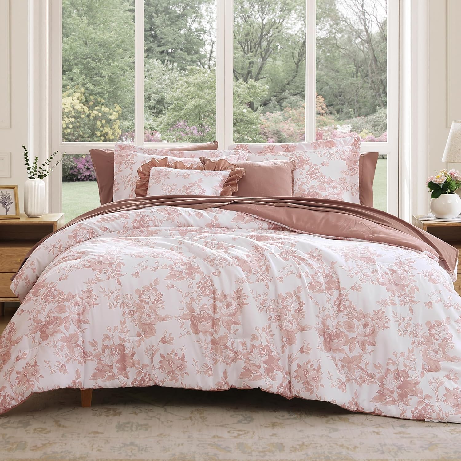 BLOOMHAVEN Oversized King Comforter Set -7 Pieces Floral Rose Bedding Set for All Seasons, Bed in a Bag with Botanical Flowers Comforter, Sheets, Pillowcases & Shams