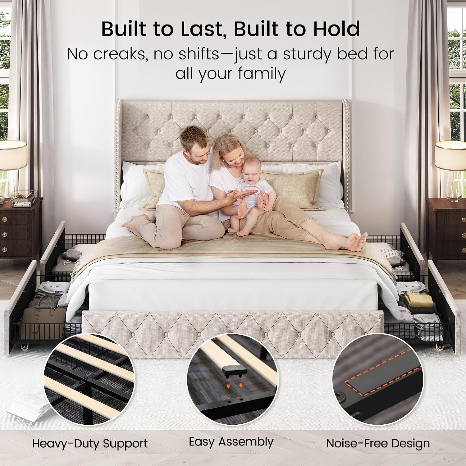 LARMACE King Size Bed Frame with 4 Storage Drawers and 47.2' Tall Tufted Headboard Linen Upholstered Platform Bed Frame Wingback Beds with Wooden Slats Support, Easy Assembly, Beige
