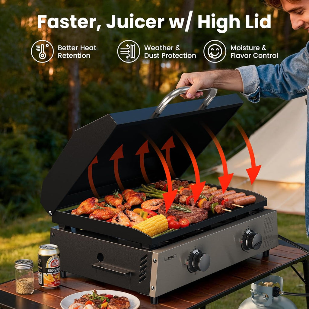 Flat Top Gill, Outdoor Griddle 22' Tabletop Gas Griddle with Hood for Outdoor Camping Tailgating (24000 BTU, 2 Burner, Carbon Steel Plate)
