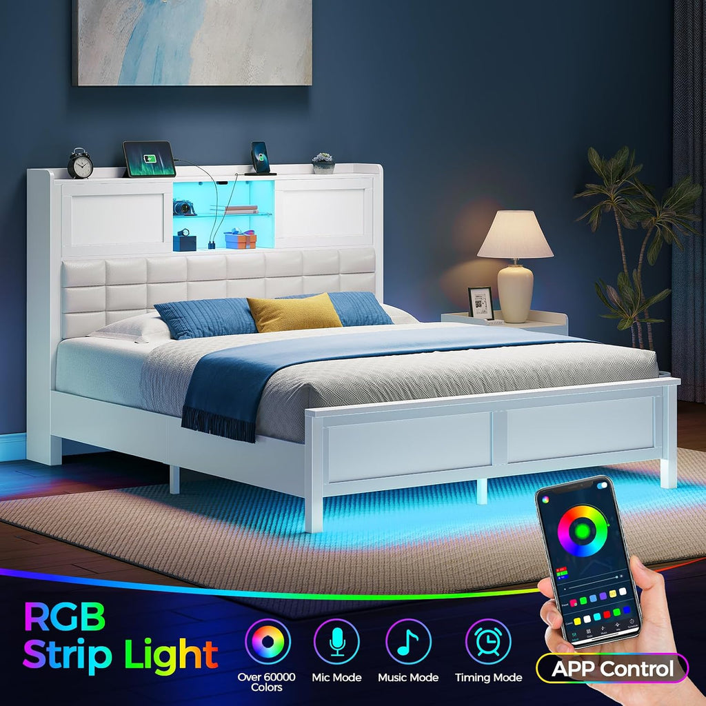 Rolanstar Bed Frame Full Size with Charging Station, Bookcase Headboard Bed with LED Light and Sliding Doors, Platform Bed with Wooden Slats, No Box Spring Needed, Noise Free, White