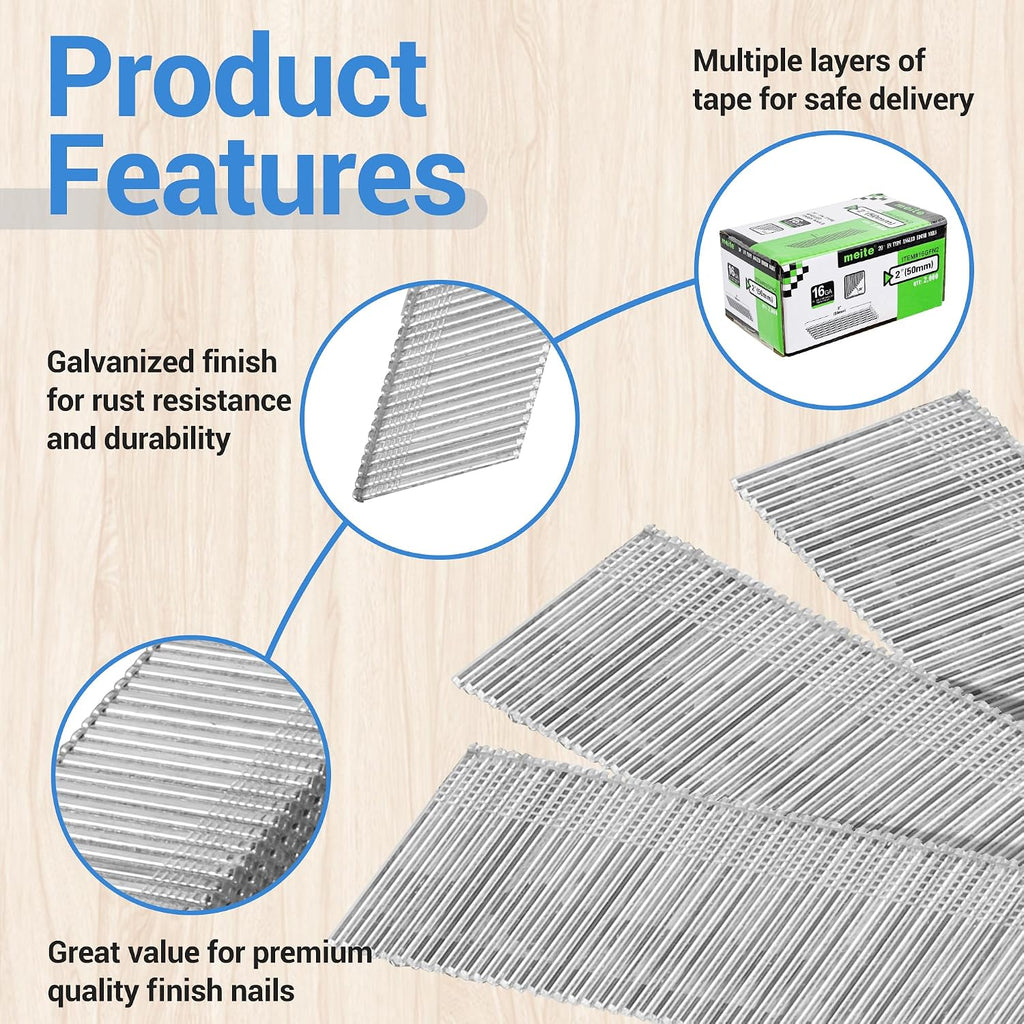 meite 16 Gauge 20 Degree Angled Finish Nails Galvanized No-rust Nails for Finish Nailer Gun, Finish Nails for Cabinet Crown Baseboard Window Trim (10+ Boxes (20,000PCS+), Galvanized Steel, 2' Leg)