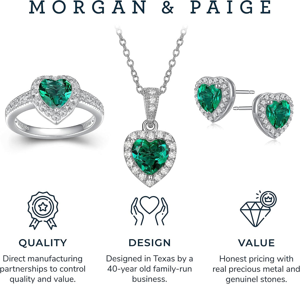 MORGAN & PAIGE .925 Sterling Silver Gemstones and White Sapphire Halo Heart Pendant Necklace, Ring and Stud Earrings for Women Set - Birthstone Jewelry Sets for Women, 18in Cable Chain, Size 7 Ring