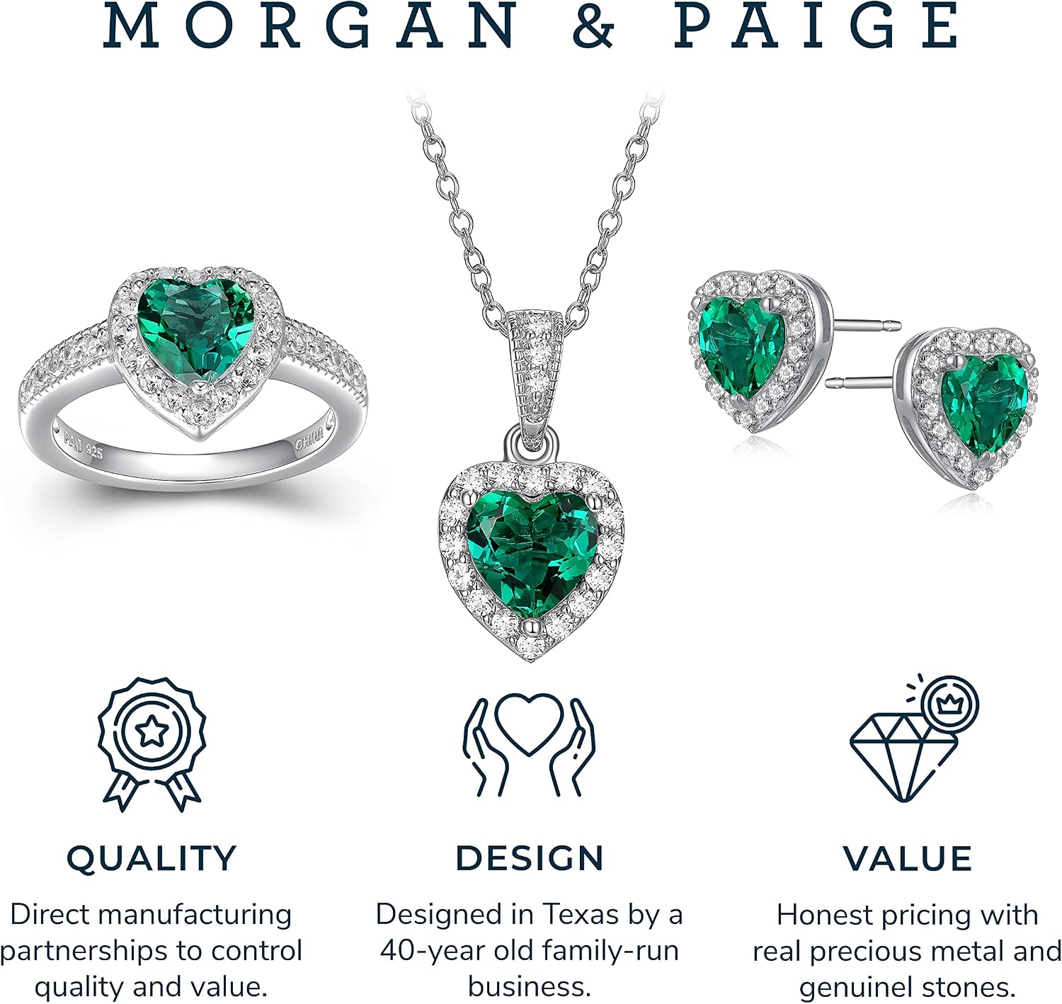 MORGAN & PAIGE .925 Sterling Silver Gemstones and White Sapphire Halo Heart Pendant Necklace, Ring and Stud Earrings for Women Set - Birthstone Jewelry Sets for Women, 18in Cable Chain, Size 7 Ring