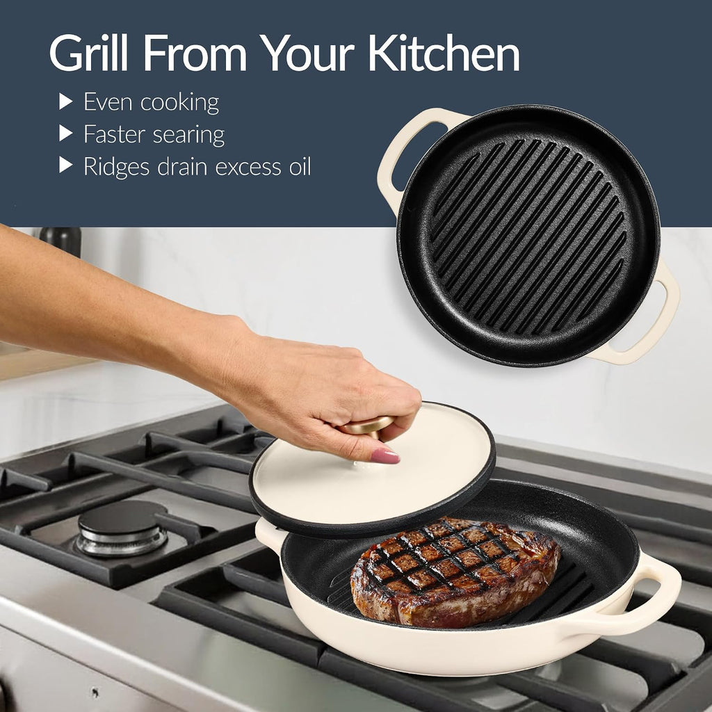 Best Choice Products Non-Stick Pot & Pan Cookware Set, Cast Iron, 2Qt Skillet W/Lid, 10' Grill Or Griddle Pan W/Press, 6Qt Enameled Dutch Oven, Non-toxic, For Cooking & Grilling - Vanilla