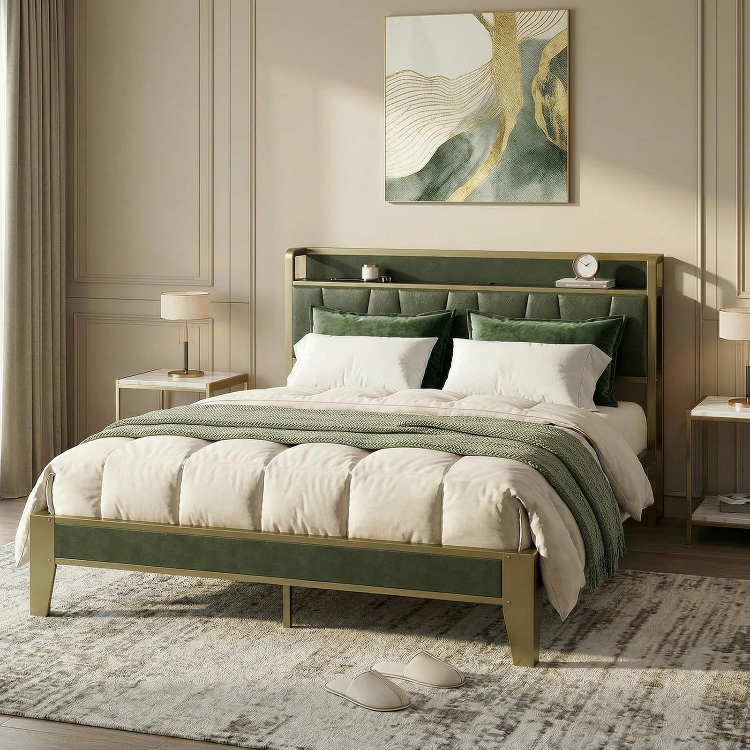 LIKIMIO Full Bed Frame, Storage Headboard with Charging Station, Solid and Stable, Noise Free, No Box Spring Needed, Easy Assembly (Dark Green)