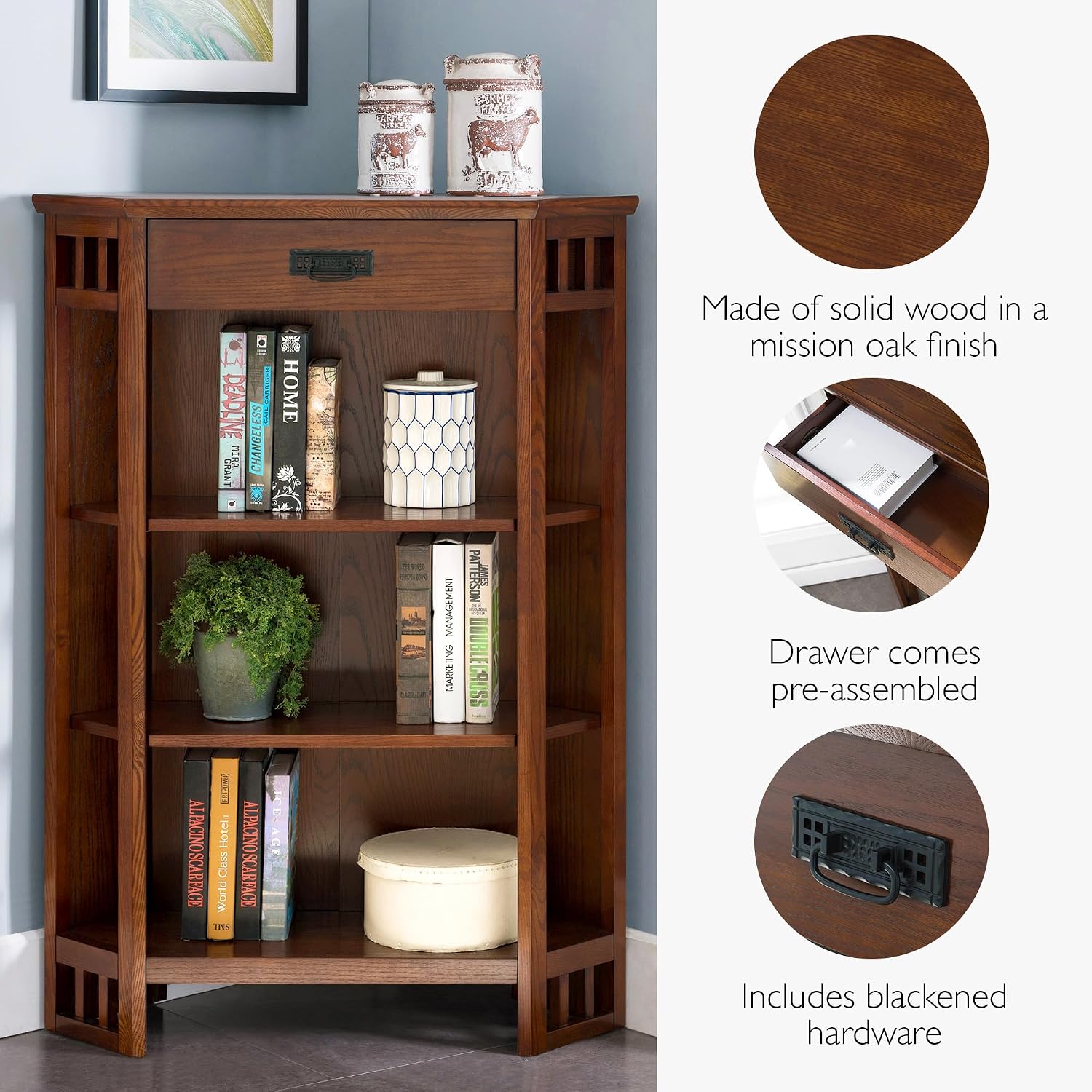 Leick Home 82263 Mission Mantel Height Corner Bookcase with Drawer Storage, Made with Solid Wood, for Entryway, Living Rooms, Home Office, Mission Oak Finish