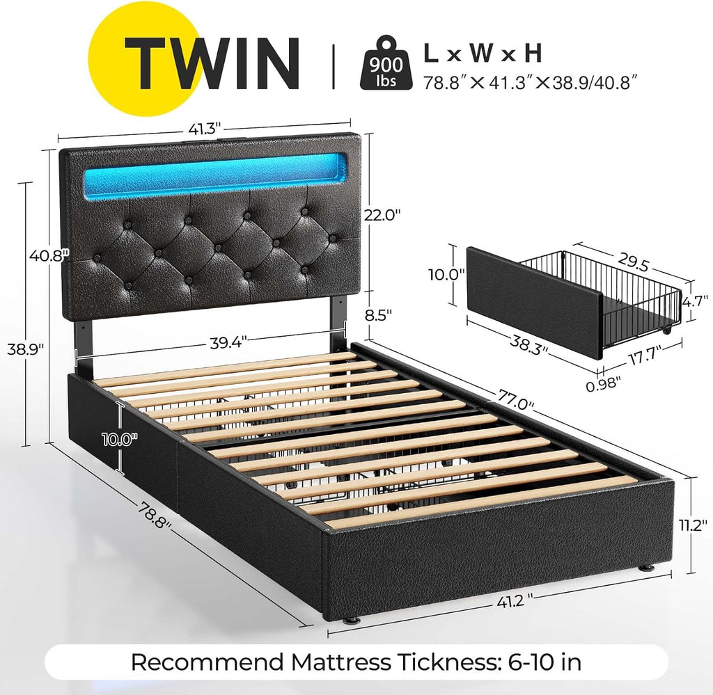 Rolanstar Twin Bed Frame with 4 Storage Drawers and Charging Station,Twin Bed with Led Lights, 2 USB & 1 Type C, Adjustable Headboard 38.9/40.8 Inches, No Box Spring Needed, Black