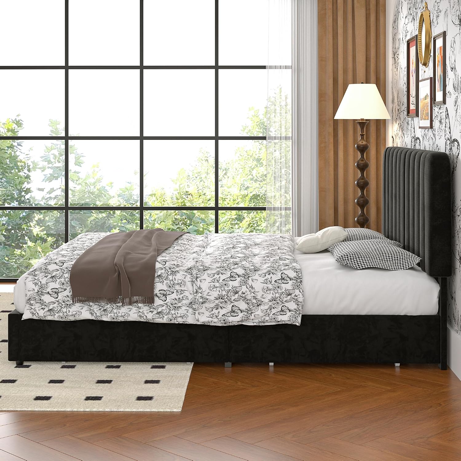 VECELO King Size Upholstered Bed Frame with 4 Drawers and Headboard, Velvet Platform Storage Bedframe, Wooden Slats Support, No Box Spring Needed,Black