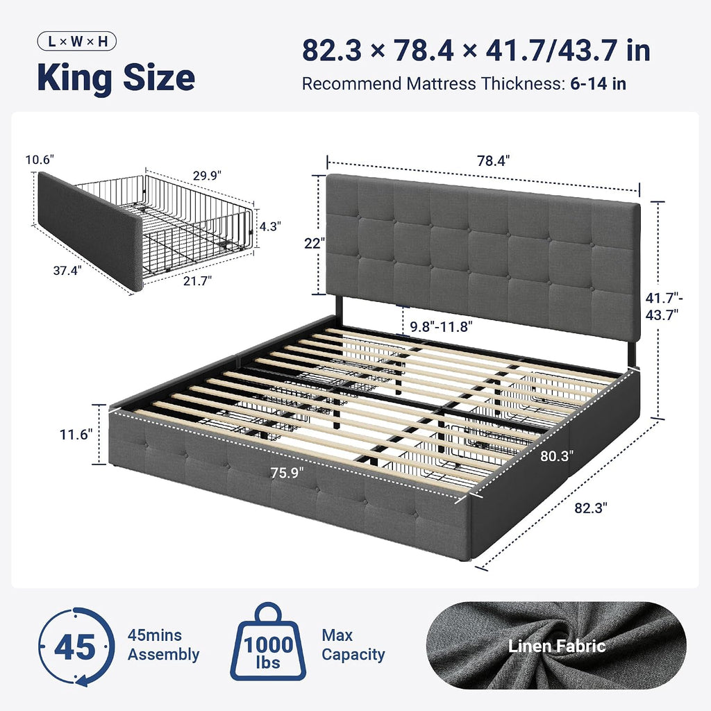 Allewie Upholstered King Size Platform Bed Frame with 4 Storage Drawers and Headboard, Square Stitched Button Tufted, Mattress Foundation with Wooden Slats Support, No Box Spring Needed, Light Grey
