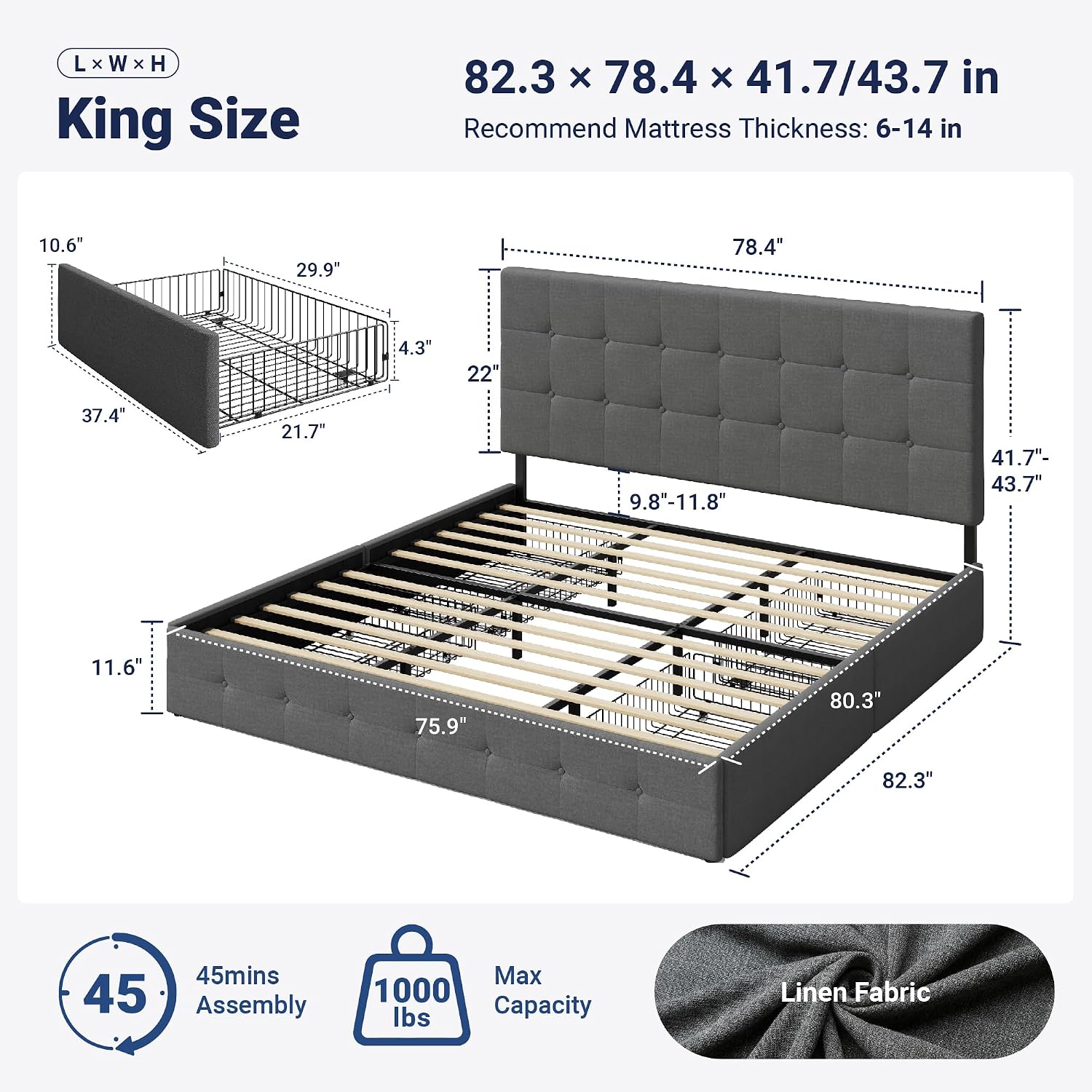 Allewie Upholstered King Size Platform Bed Frame with 4 Storage Drawers and Headboard, Square Stitched Button Tufted, Mattress Foundation with Wooden Slats Support, No Box Spring Needed, Light Grey