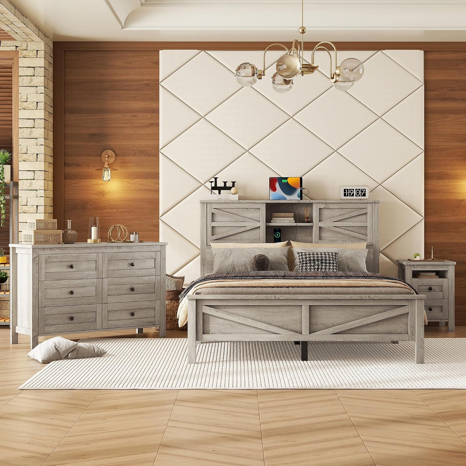 SOFTSEA 3 Piece Bedroom Set, Farmhouse Bedroom Furniture Set Include Queen Size Platform Bed with Nightstand and Dresser, Wood Platform Bed with Double Sliding Door Storage Headboard, Gray
