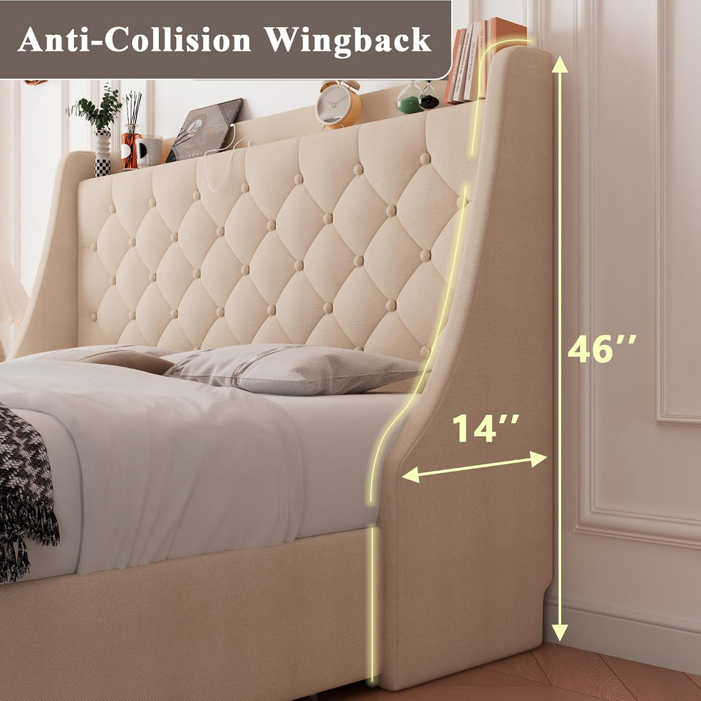 Feonase Upholstered Full Size Bed Frame with 4 Storage Drawers, Charging Station and Tufted Wingback Storage Headboard, No Box Spring Needed, Easy Assembly, Beige