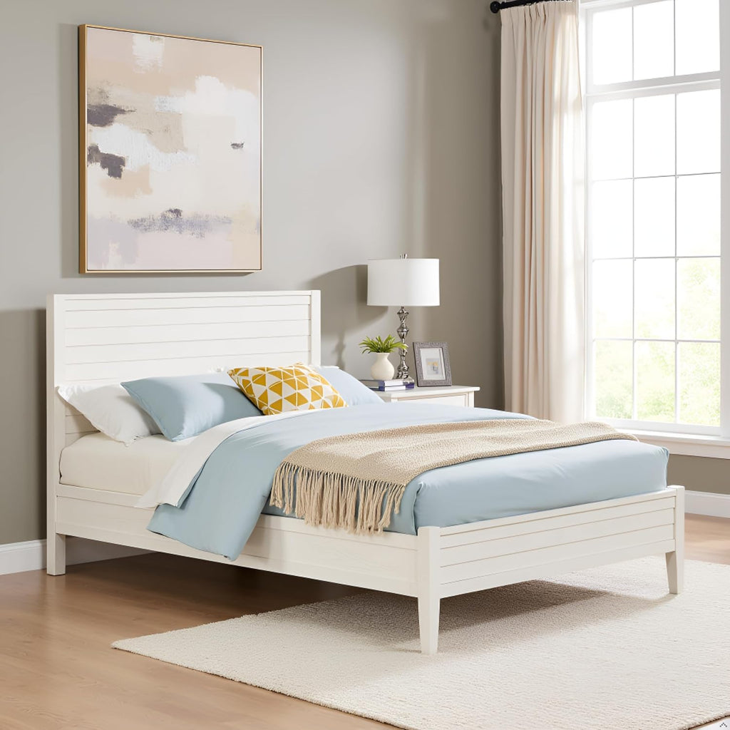 Arden Queen Size Panel Bed Frame – Solid Brazilian Pine Wood with High 50' Headboard, Low 18' Footboard, 8' Underbed Clearance – Rustic Boho Bedroom Style by Alaterre Furniture (Light Driftwood White)