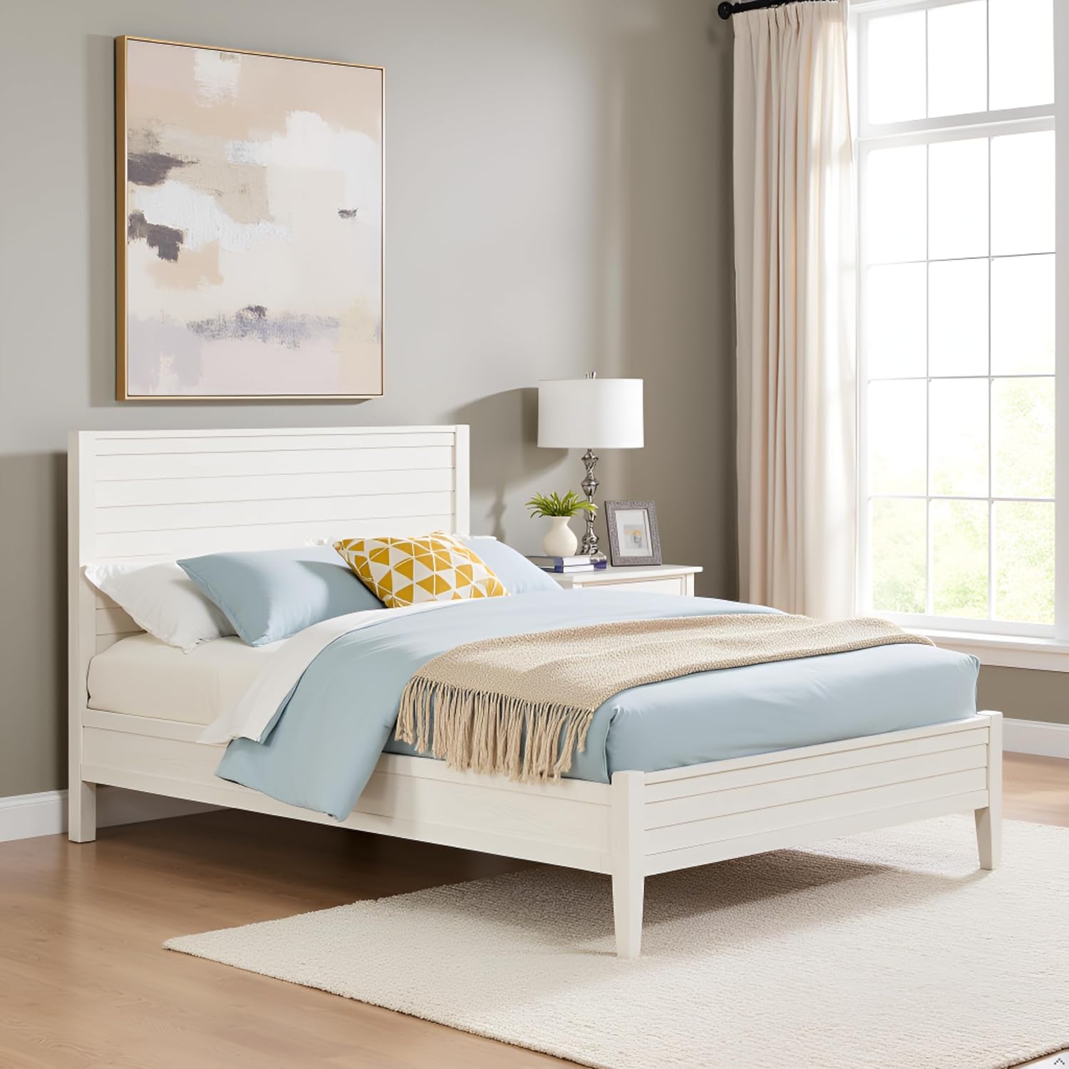 Arden Queen Size Panel Bed Frame – Solid Brazilian Pine Wood with High 50' Headboard, Low 18' Footboard, 8' Underbed Clearance – Rustic Boho Bedroom Style by Alaterre Furniture (Light Driftwood White)