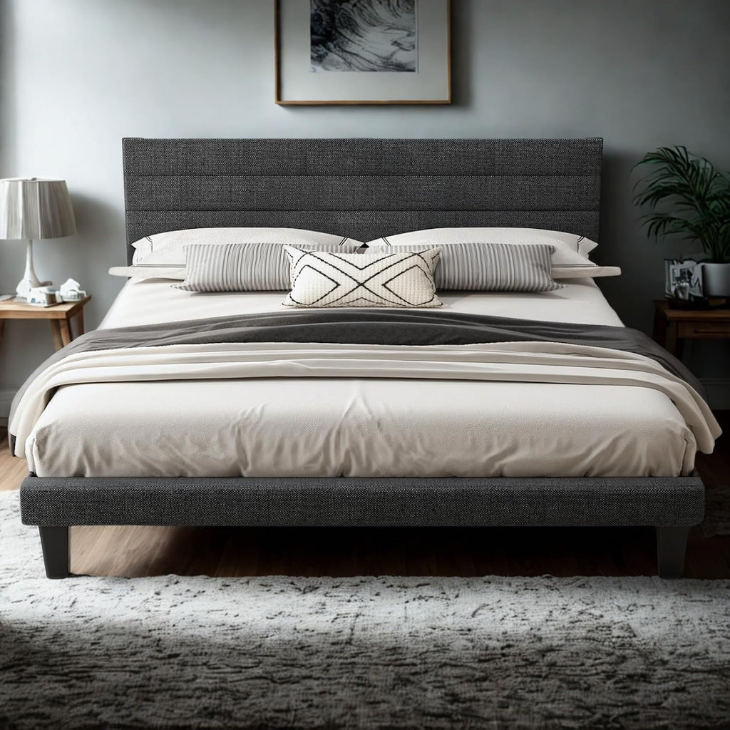 VINGLI King Size Bed Frame and Headboard,Panel Soft Bed with Linen Fabric Upholstered Padding, Low Profile Bed with Durable Wooden Slats Support, No Squeak, Dark Gray