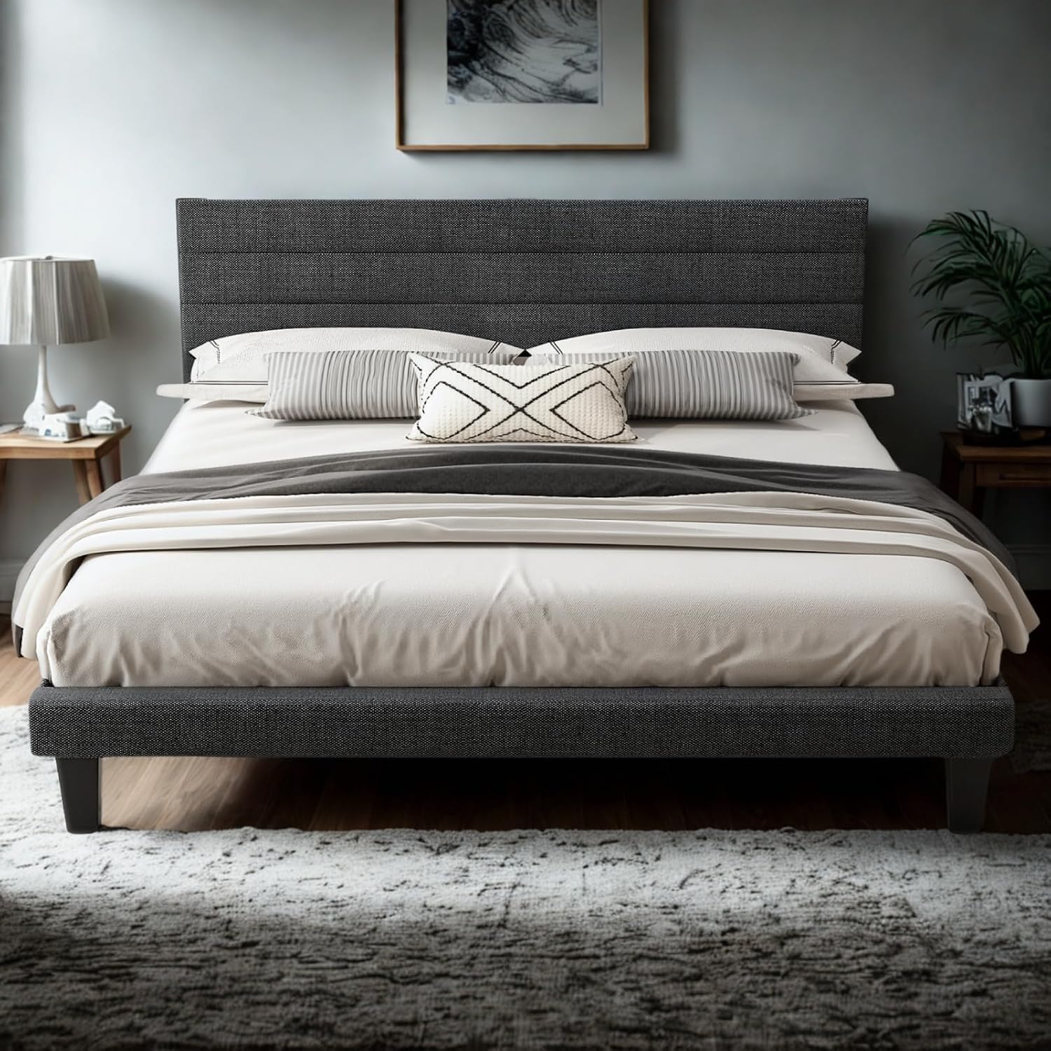 VINGLI King Size Bed Frame and Headboard,Panel Soft Bed with Linen Fabric Upholstered Padding, Low Profile Bed with Durable Wooden Slats Support, No Squeak, Dark Gray