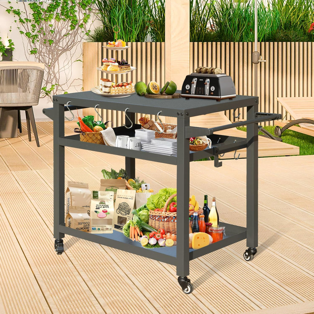 Domi 3-Tier Outdoor BBQ Grill Cart with Lockable Wheels | Portable Pizza Oven Stand & Food Prep Station | Compatible with Blackstone Griddle & Propane Tanks | All-Weather Patio Cooking cente