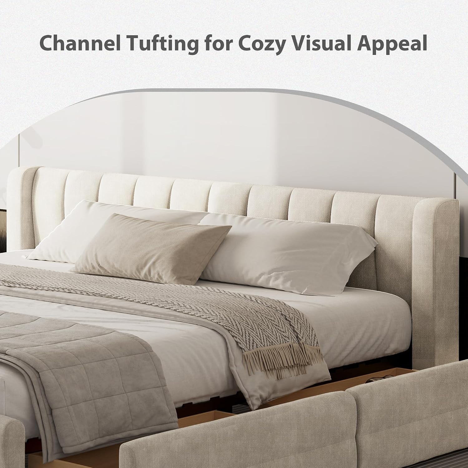 DEINPPA King Size Bed Frame with 4 Storage Drawers and Cloud Soft Headboard, Chenille Upholstered Grounded Wood Base Bed Frame, No Box Spring Needed-Beige
