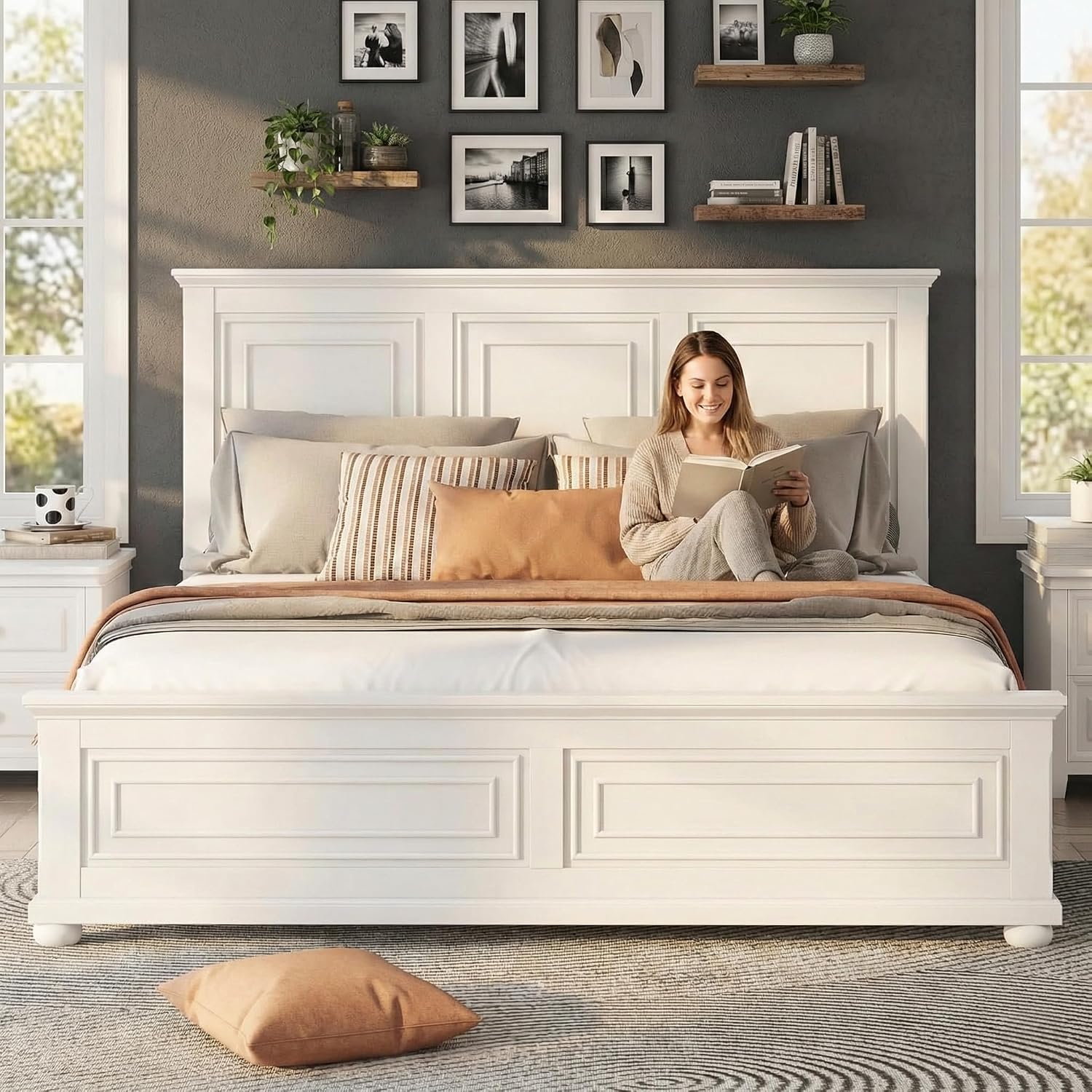 Wood Bed Frame King with Tall Headboard & Footboard, Traditional King Panel Bed with USB Charging Station for Bedroom, Guest Room, Easy Assembly, No Box Spring Required,White