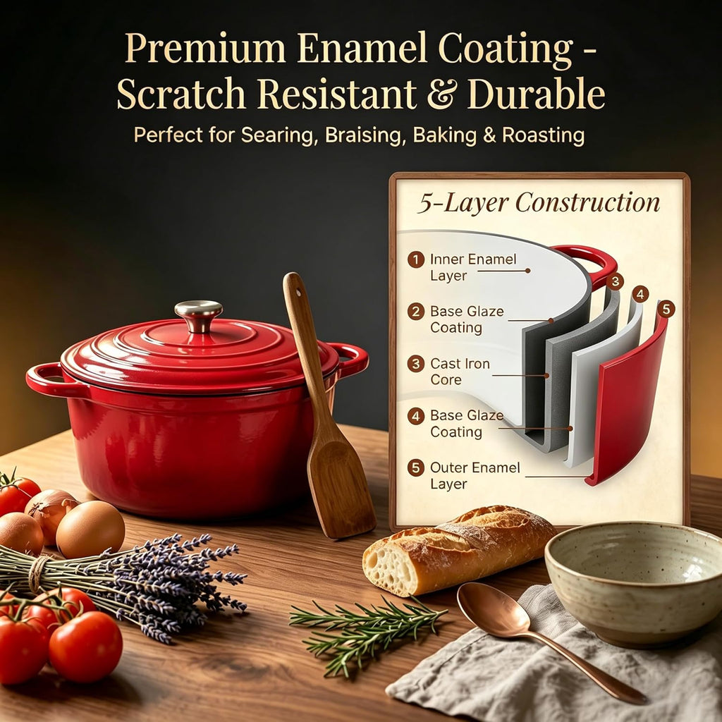 QuliMetal Enameled Cast Iron Cookware Set, 4-Piece Pots and Pans Set with Lids, 10.25' Skillet, 2QT Saucepan, 2.8QT & 4.8QT Dutch Ovens, Oven Safe to 500°F, All Stovetops Compatible - Rouge Red