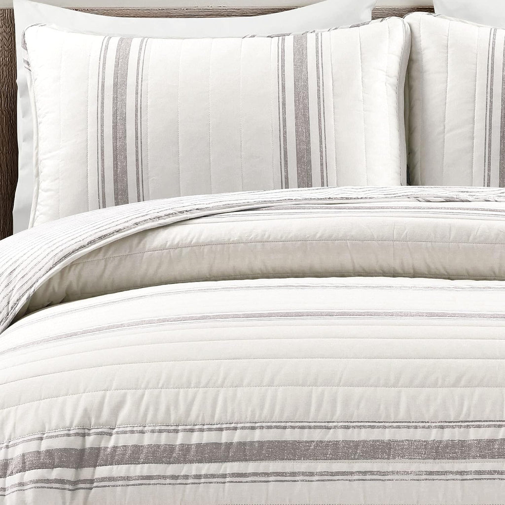 Lush Decor Farmhouse Stripe Reversible Cotton Quilt California King Size 3 Piece Set Gray - Farmhouse Bedding Set - Cal King Quilt - Striped Bedding
