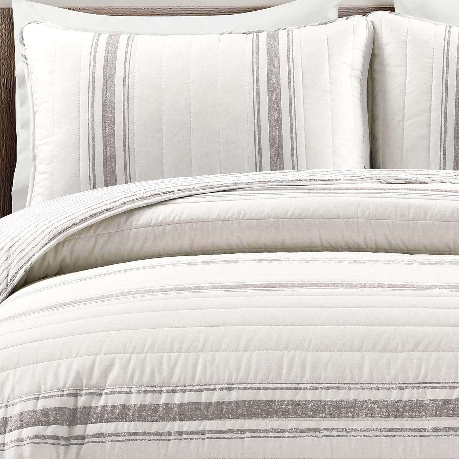 Lush Decor Farmhouse Stripe Reversible Cotton Quilt California King Size 3 Piece Set Gray - Farmhouse Bedding Set - Cal King Quilt - Striped Bedding