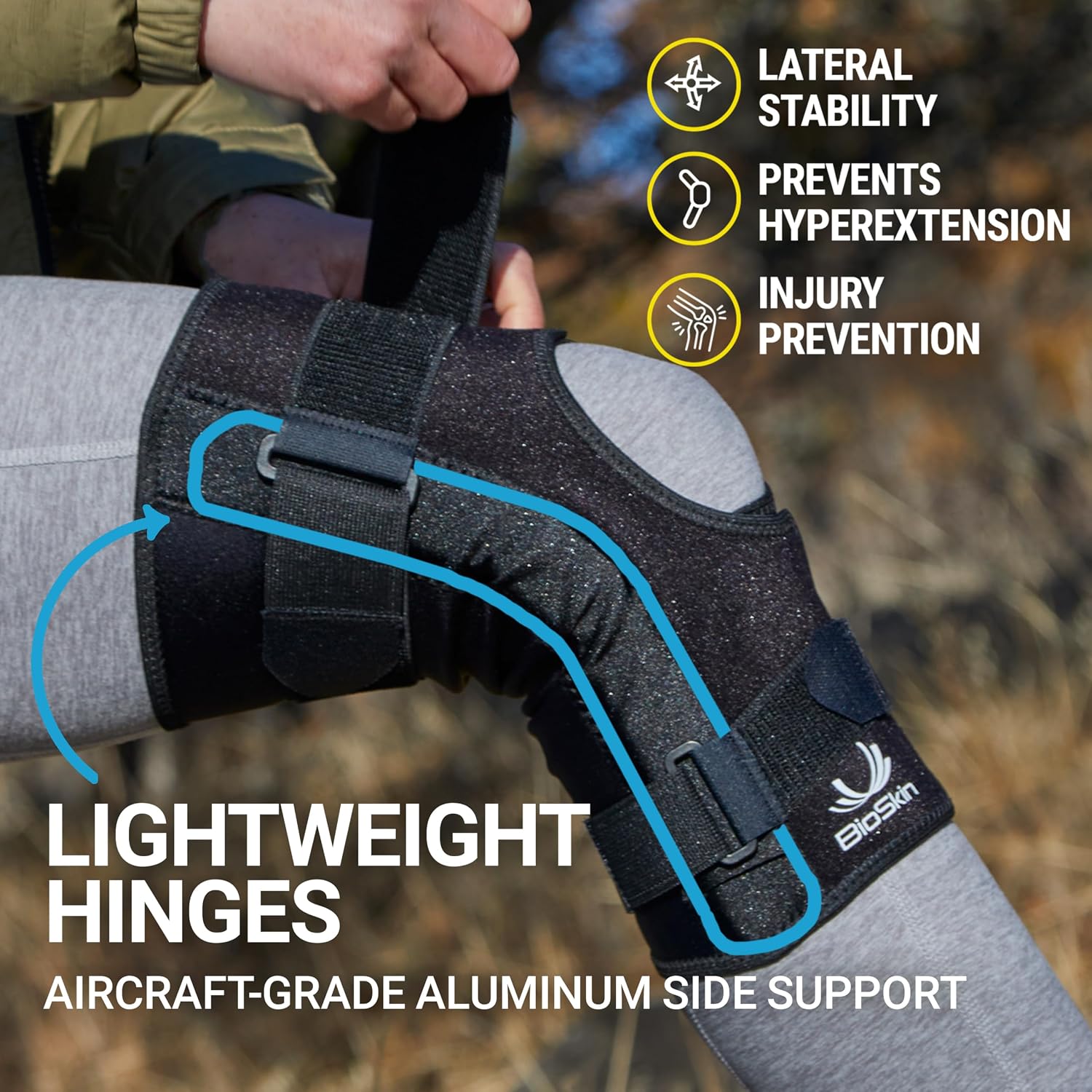 BioSkin Wraparound Hinged Knee Brace - Stays-in-Place Stability, Adjustable Compression Support for ACL/MCL, Meniscus & Arthritis, Lightweight Aluminum Side Hinges, Soft Breathable Hypoallergenic, Low-Profile (Large)