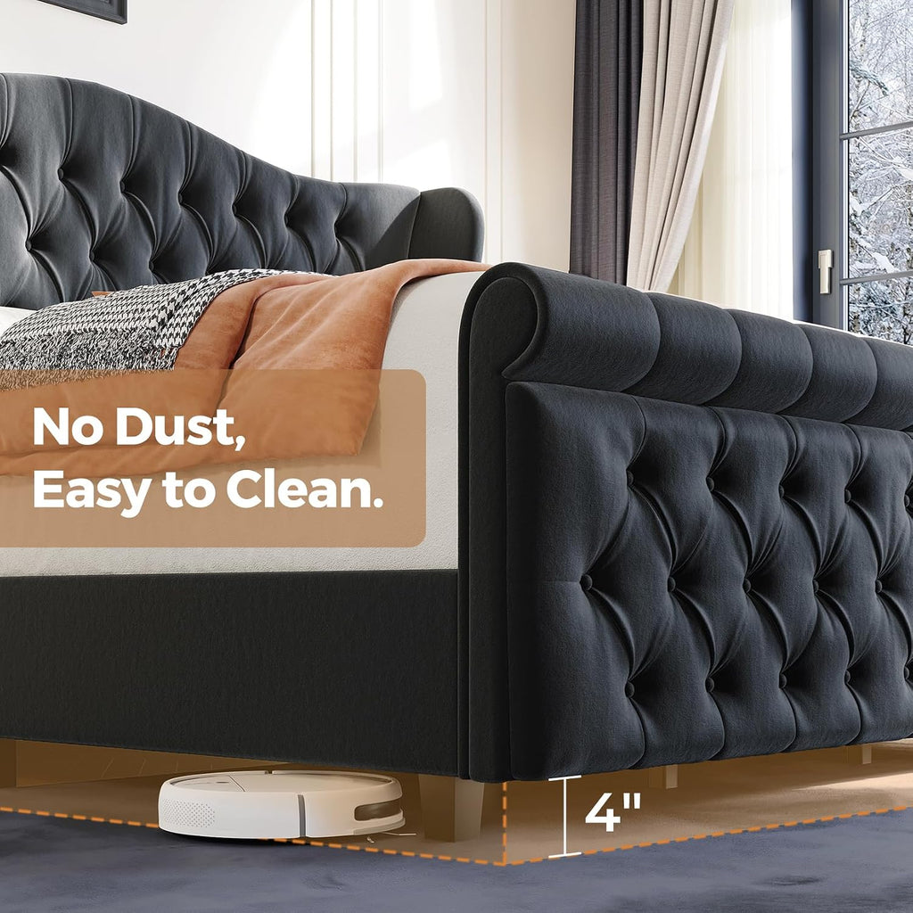 koorlian King Size Bed Frame,Velvet Upholstered Sleigh Bed with Scroll Wingback Headboard & Footboard,Luxury & Soft Button Tufted Modern Bed,Easy Assembly,No Box Spring Needed