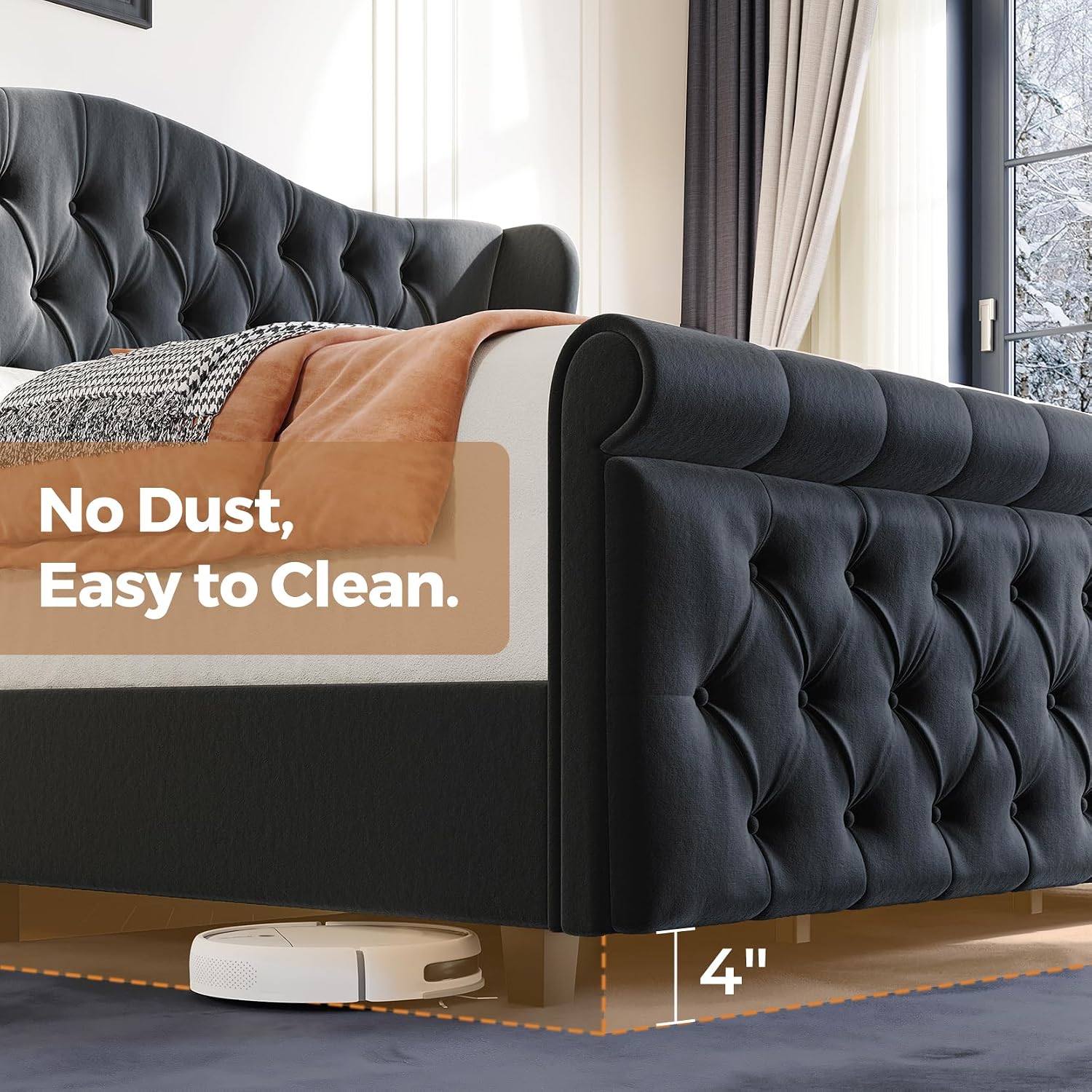 koorlian King Size Bed Frame,Velvet Upholstered Sleigh Bed with Scroll Wingback Headboard & Footboard,Luxury & Soft Button Tufted Modern Bed,Easy Assembly,No Box Spring Needed