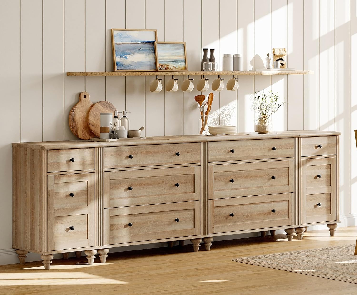WAMPAT Dresser for Bedroom with 8 Drawers and 2 Storages, Nightstands with Charging Station for Living Room, Oak Kids Dressers with Wide 3 Chest of Drawers, for Nursery, Hallway
