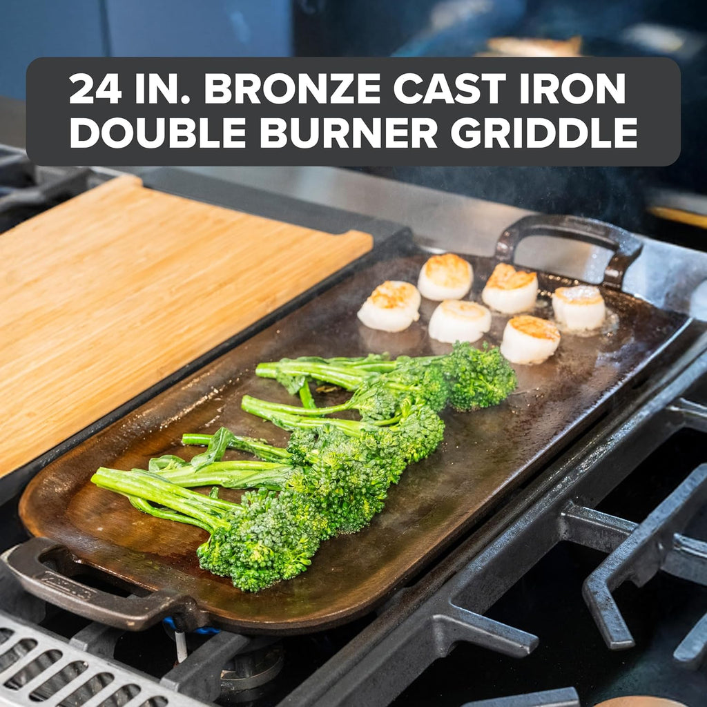 Viking Nonstick Double Burner Griddle, 24 Inch Bronze Cast Iron Grill Pan, Made without PFAS, Induction Compatible, Oven Safe to 500F