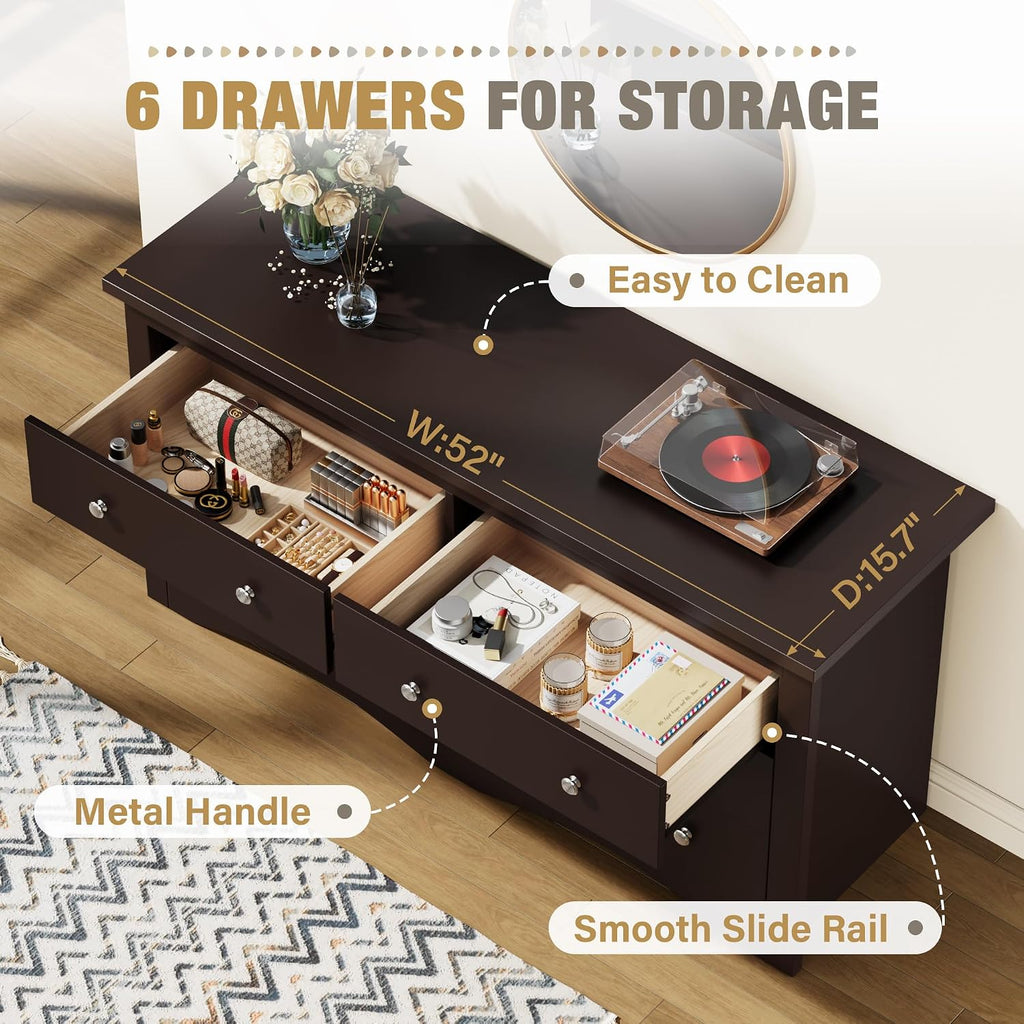 YESHOMY Dresser for Bedroom with 6 Drawers, Modern Chest of Drawers, Wooden Dressers, TV Stand for Living Room,Closet, Hallway (Brown)