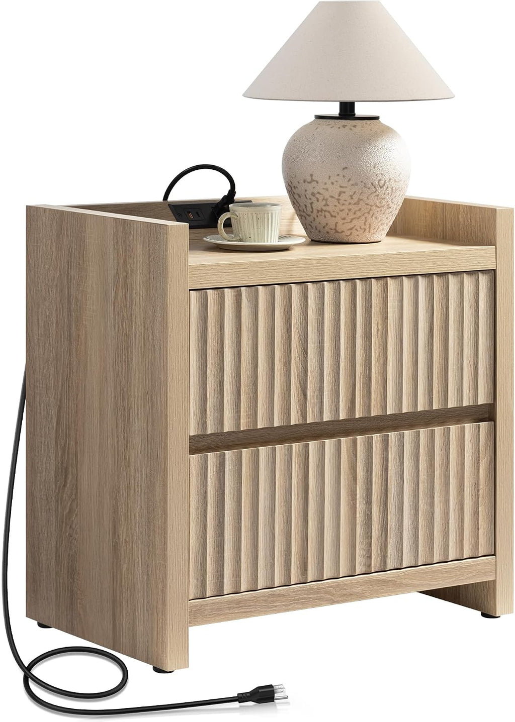 SICOTAS Night Stand Fluted Nightstands with Charging Station- Modern 2 Drawers Nightstand 25' Tall Bedside Table End Table, Large Night Stands for Bedroom, Sofa Side (Light Oak, 1 Piece)