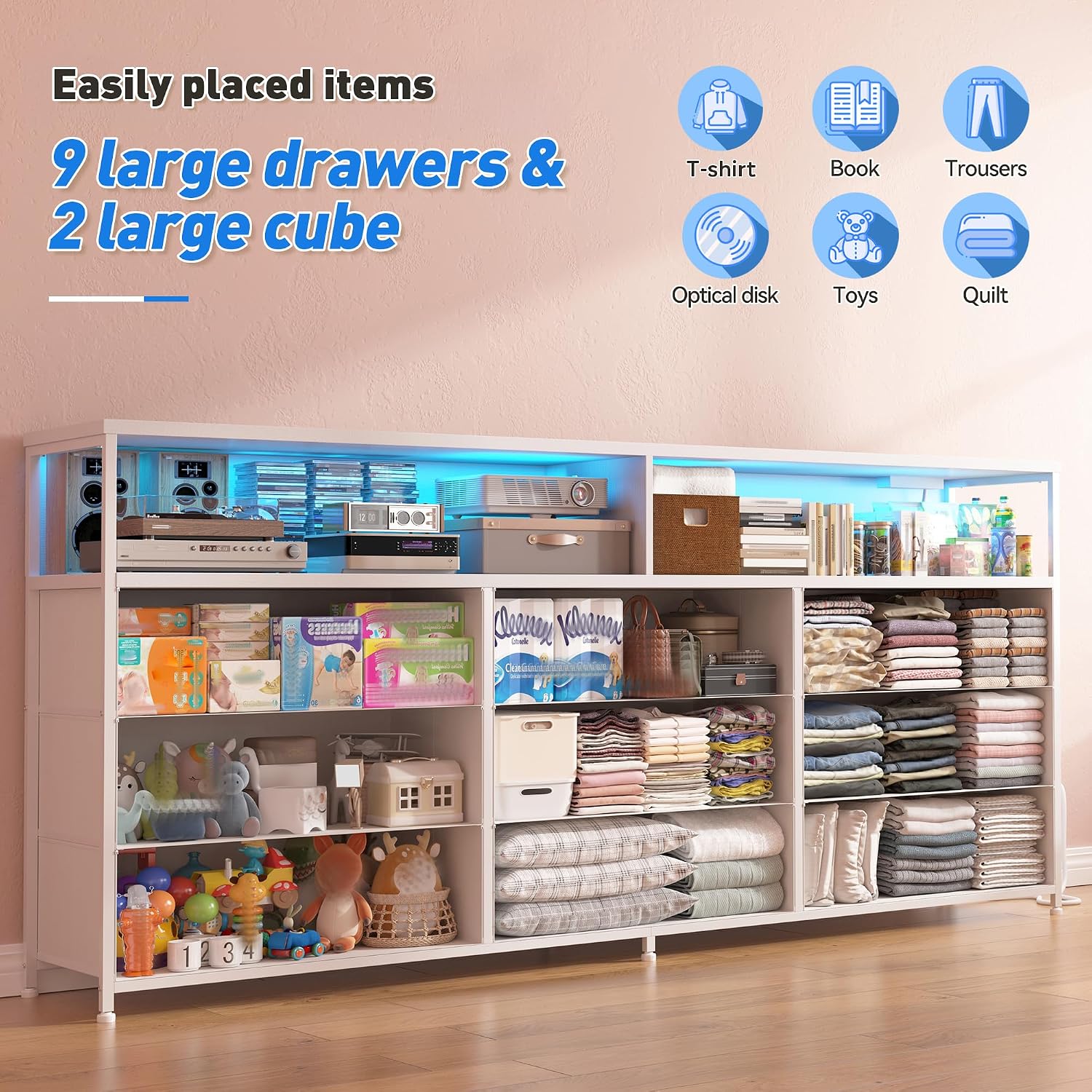 EnHomee 55' W White Dresser for Bedroom with Charging Station & LED Light, 65 Inch TV Stand with 9 Fabric Drawers, Sturdy Dressers & Chest of Drawers with 2 Wood Open Shelves,55.12' Wx11.81 Dx35.43 H