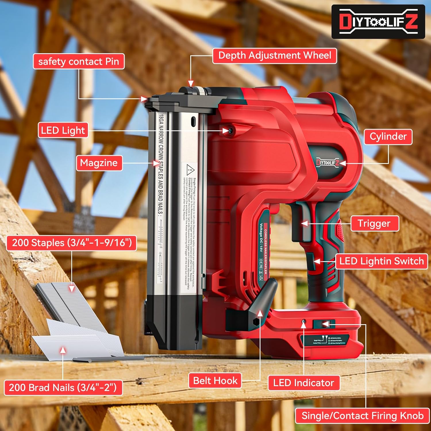 DIYtoolifz 18GA Cordless 2' Brad Nailer Compatible with Milwaukee 18V (Tool Only), 2-in-1 Nail/Staple Gun, Tool-Free Jam, Adjustable Depth, 2 Modes with 400 Nails/Staples for Woodworking, Carpentry
