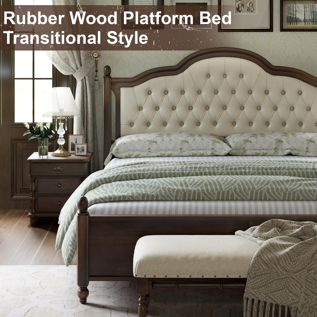AMERLIFE Solid Wood Bed Frame Queen Size, Transitional Platform Bed with 52.5' Upholstered Tufted Headboard, Rubberwood/Roman Column Accents/Wood Slat Support/No Box Spring Needed