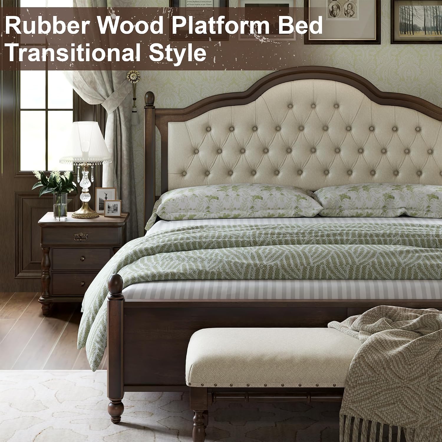 AMERLIFE Solid Wood Bed Frame Queen Size, Transitional Platform Bed with 52.5' Upholstered Tufted Headboard, Rubberwood/Roman Column Accents/Wood Slat Support/No Box Spring Needed