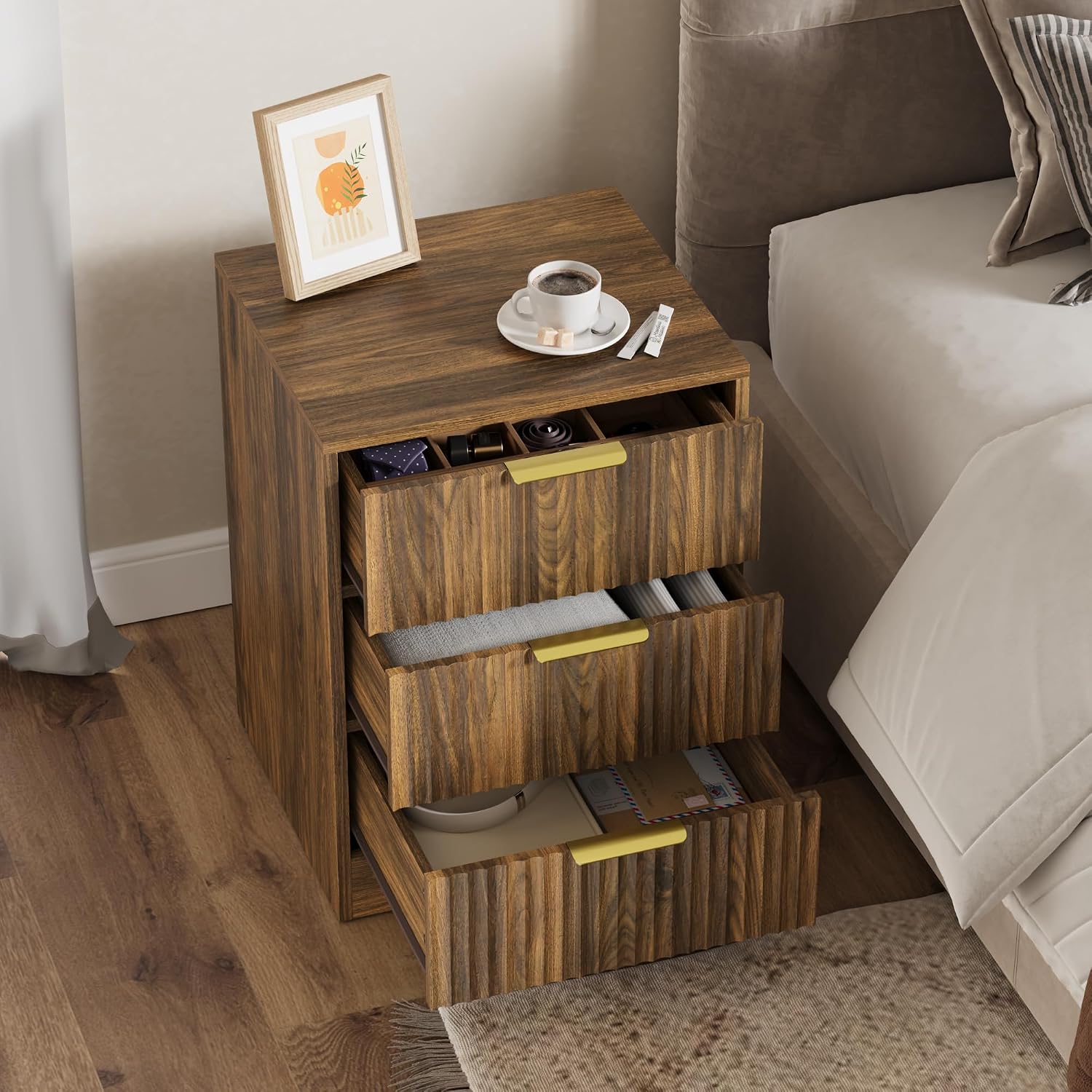 3-Piece Modern Bedroom Furniture Set, Wide 6-Drawer Dresser & 3-Drawer Nightstands Set of 2, Natural Wood Dresser and Nightstand Sets for Bedroom, Hallway, Walnut