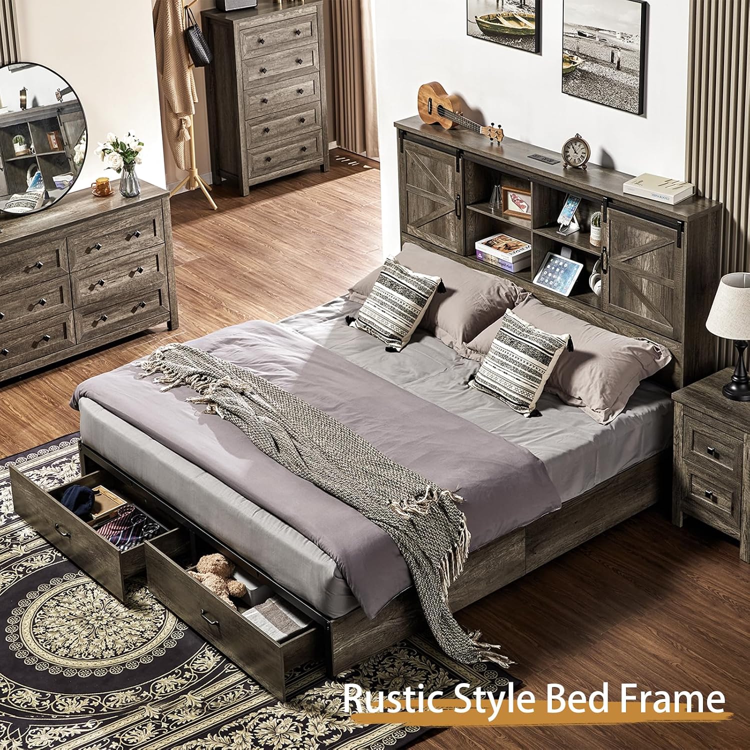 VanAcc King Size Bed Frame, Wooden Platform Storage Bed with 51.2' Bookcase Headboard, 2 Drawers, Charging Station/No Box Spring Needed/Noise Free, Rustic Grey