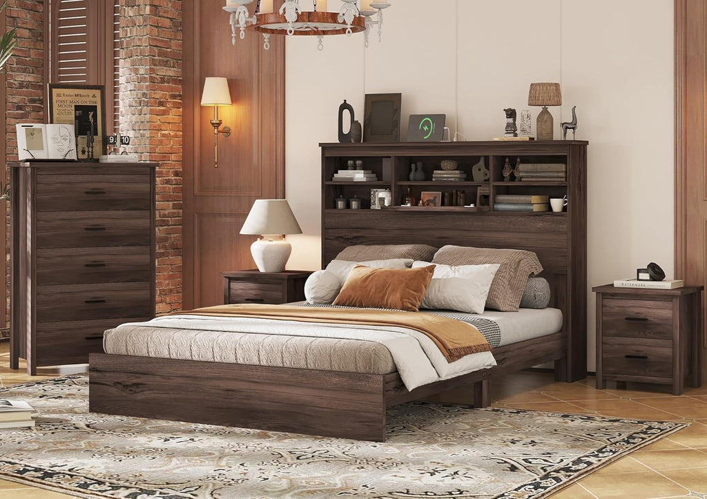 Merax 4-Pcs Queen Size Bed Frame & Dresser & 2 Night Stand Bedroom Set, Platform Bed with USB Charging Ports Storage Headboard, Cabinet Dresser with 5 Drawers, Nightstands, Wooden, Dark Walnut