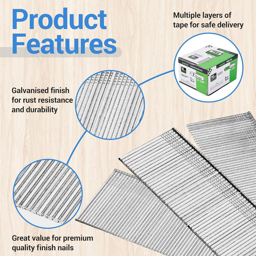 meite 16 Gauge Finish Nails 2-1/2 Inch Galvanized Straight Finishing Nails for Finish Nailer Gun Window Casing Baseboard Crown Molding, 1 Case/20,000PCS