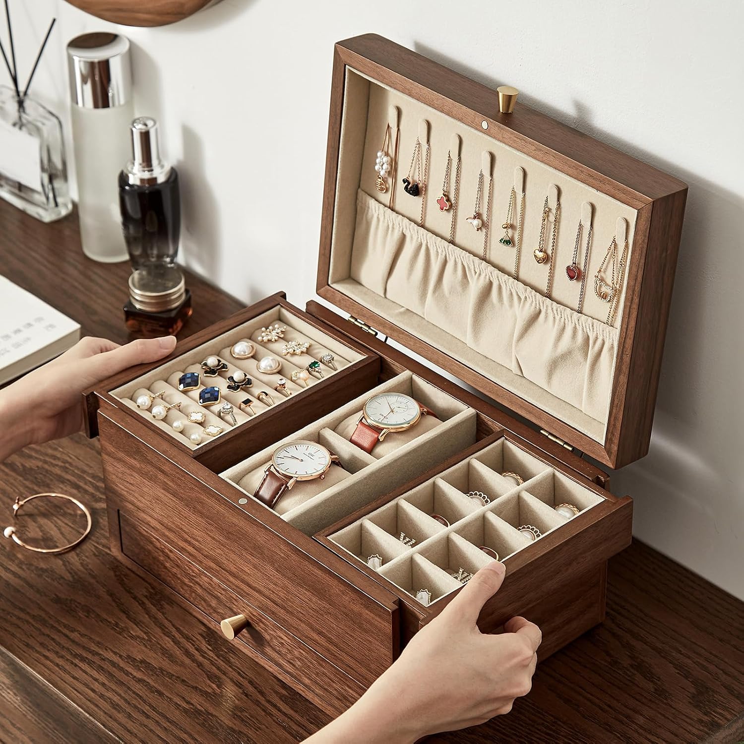 Wooden Jewelry Box for Women, 3 Level Multi-functional Drawers Black Walnut Jewelry Organizer Box, Watch, Necklace, Ring, Earring Storage - Mothers Day Gifts for Mom (No Mirror)