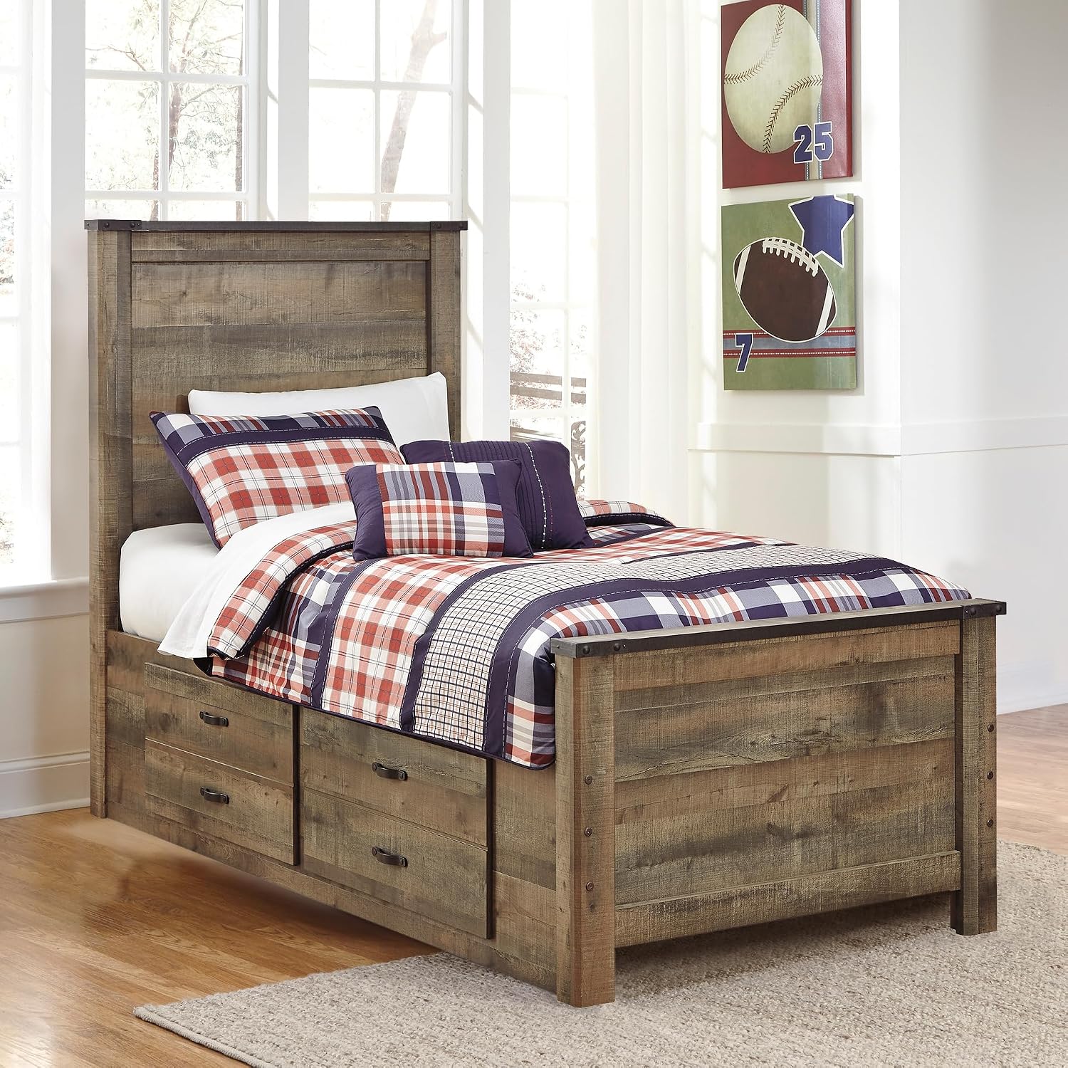 Signature Design by Ashley Trinell Casual Twin Panel Platform Bed with 2 Storage Drawers and Nailheads, Foundation or Box Spring Not Needed, Dark Brown
